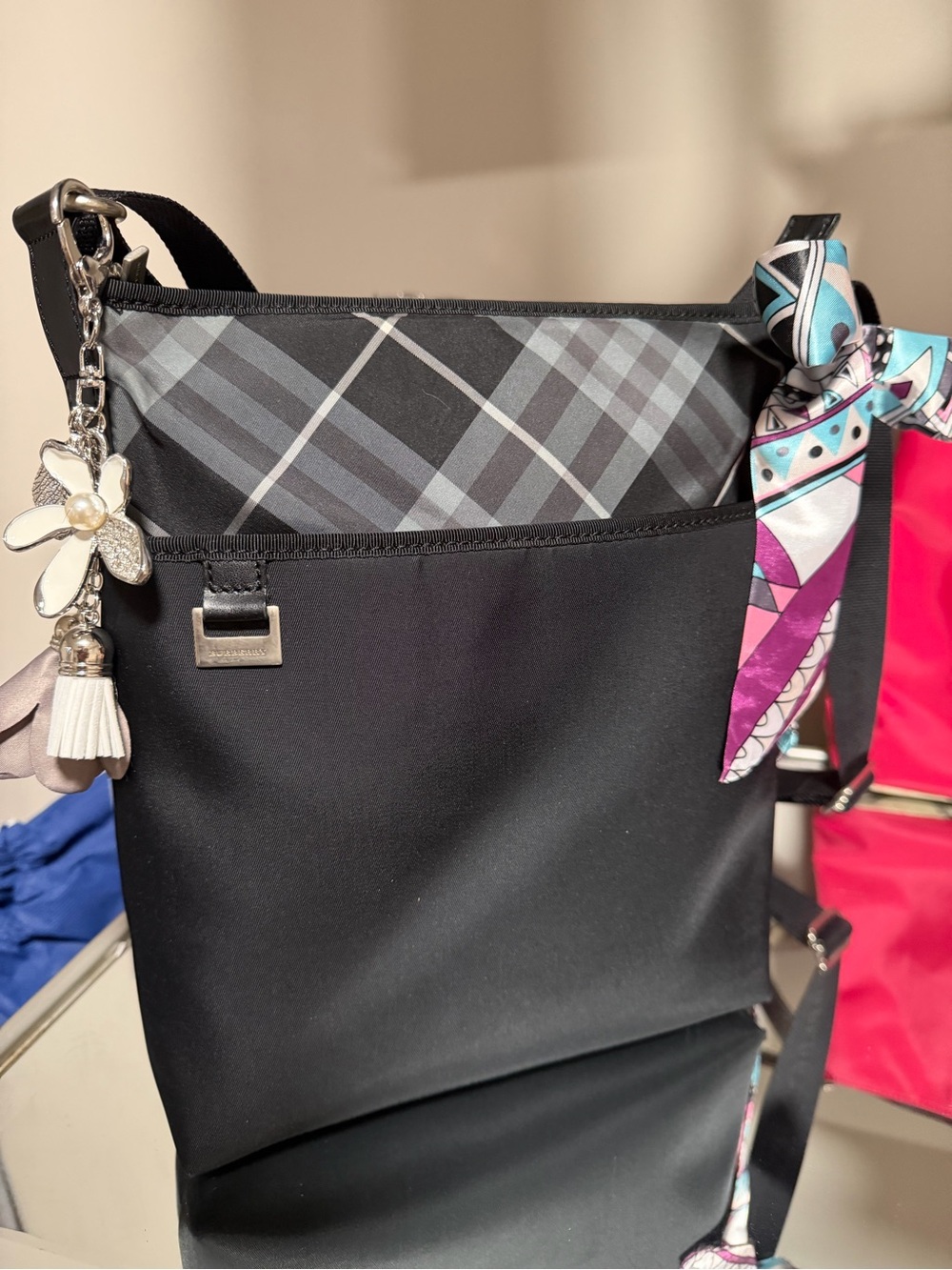 Authentic Burberry London Nylon Crossbody Bag Smoked Check Plaid Messenger Black
